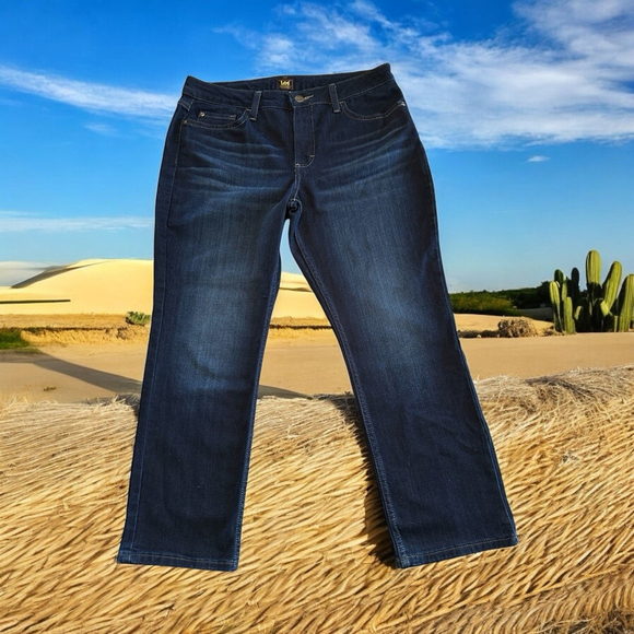 Lee Straight Leg Denim Jeans Womens 12P PETITE Dark BLUE 5-Pocket Mid Rise Egypt - Picture 1 of 16